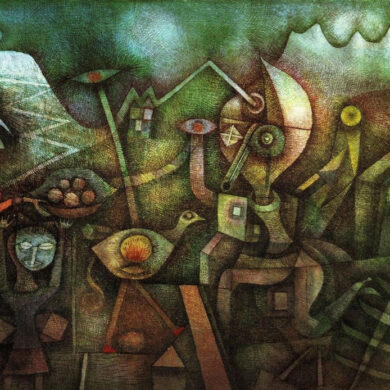 Pintura Carnaval en las montañas de Paul Klee. Composición abstracta con formas geométricas, triángulos coloridos, gradaciones tonales y líneas dinámicas que evocan un paisaje montañoso y figuras festivas, característico de su estilo en la Bauhaus.